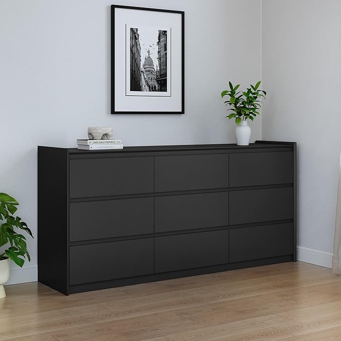 Extra Wide 9 Drawer Dresser for Bedroom, Modern Wooden Chest of Drawers, Sturdy Handle-Free Storage Cabinet with Anti-Tip Kit, Large Console Table for Master Room, Matte Black