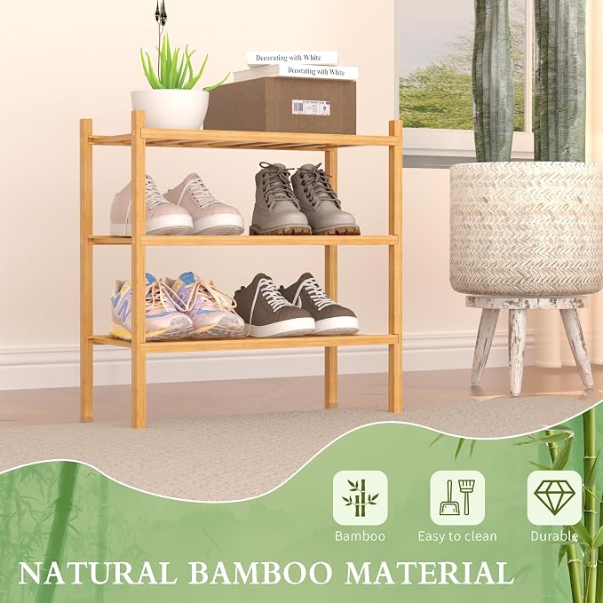ROMGUAR CRAFT 3-Tier Bamboo Small Shoe Rack, Free Standing Wood Shoe Shelf Storage Organizer for Closet Entryway Stackable (Natural) - Image 4