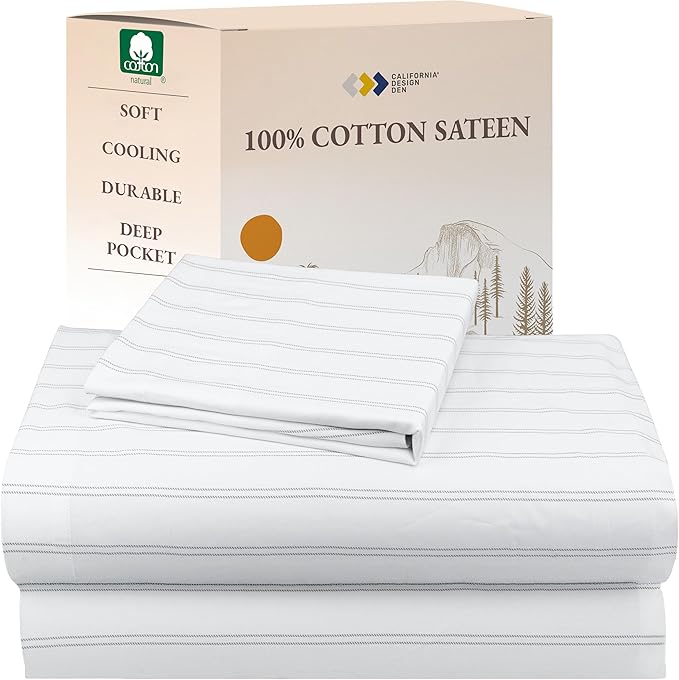 California Design Den Stripe Sheet Set Twin XL, 100% Cotton Twin XL Sheet Set, 12" Pocket Twin XL Size Sheets & Pillowcase Set, Soft Sateen Weave - Classic Stripe