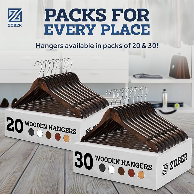 ZOBER Wooden Hangers - Heavy Duty, Non Slip Wood Hangers for Coats, Jackets, Suits, & Pants - Coat Hangers for Closet W/Bar and Notches 20 Pack - Image 8