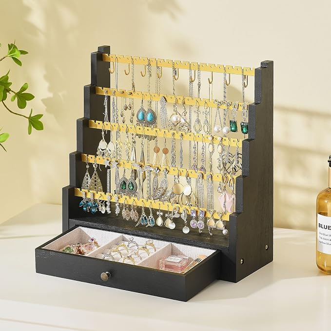 Pinzoveco Earring Organizer, 5 Layer Earring Holder Organizer with Metal Necklace Holder Pole, Rustic Wood Jewelry Organizer Stand Display for Stud Earring Bracelet Necklace Ring, 175 Earring Holes - Image 2