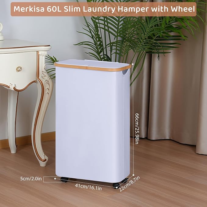Slim Laundry Basket with Wheels,Narrow Hampers for Laundry,Freestanding Laundry Hamper with Lid&Bamboo Handles,Collapsible & Waterproof Tall Cloth Hamper for Dorm Family(60L White) - Image 2