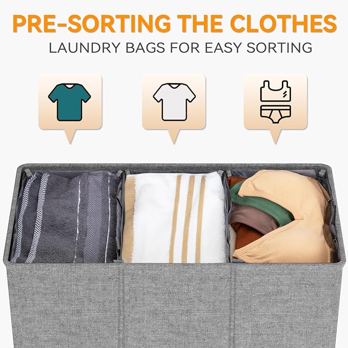 WOWLIVE 180L Laundry Hamper with Lid 3 Section,Large Laundry Basket with Removable Bags and Handles,Collapsible Dirty Clothes Hampers for Laundry,Laundry Basket Organizer for Laundry Room,Dorm,Grey - Image 4