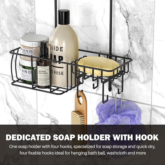Epicano Shower Caddy Hanging, Anti-Swing Over Head Shower Caddy Rustproof with Hooks for Towels, Sponge and More, Matte Black - Image 7