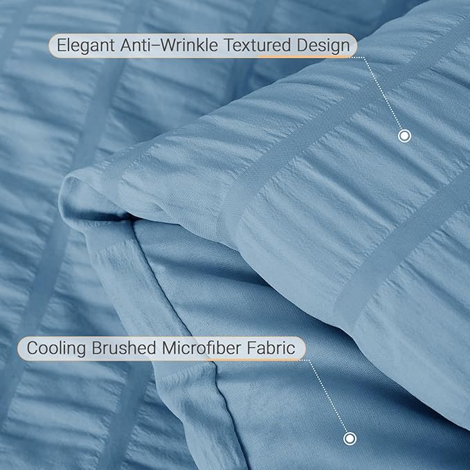 MUXHOMO 5 Pieces Twin XL Comforter Set, Seersucker Bed in a Bag Twin XL Size, All Season Luxury Bedding Set with Comforter, Flat Sheet, Fitted Sheet, Pillowcase & Sham, Mineral Blue