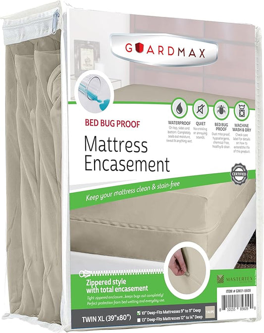 Guardmax Jersey Knitted Twin XL Zippered Mattress Encasement - Waterproof & Bed Bug Proof Mattress Protector - Comfortable, Soft, and Noiseless Zippered Bedding - Dust Mite Proof (39 x 80 x 10)