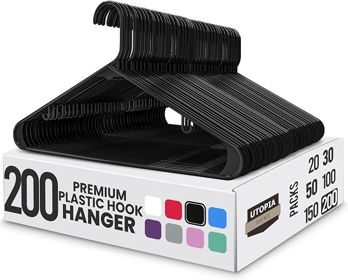 Utopia Home Plastic Hangers 200 Pack - Space Saving Clothes Hanger - Durable & Strong Closet Organizers and Storage with Built-in Strap Hooks - Essential for Shirts, Pants, Skirts & Coats (Black) by UTOPIAHOME