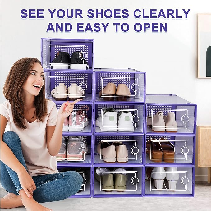 Kuject Shoe Organizers Storage Boxes for Closet, 12 Pack Clear Plastic Stackable Storage Bins with Lids, Under Bed Shoe Containers for Entryway, Drop Front, Fit up to Women's Size 10,Purple - Image 6