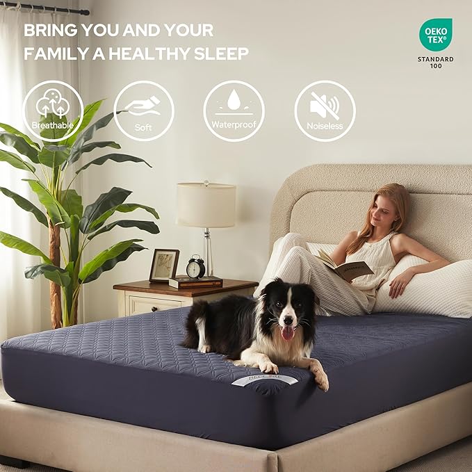 BEDLORE Waterproof Mattress Protector, Queen Size Noiseless Mattress Pad with Deep Pocket 6"-18" Depth, Soft Breathable Bed Mattress Cover Washable for Home, Bedroom, Hotel (Navy Blue)