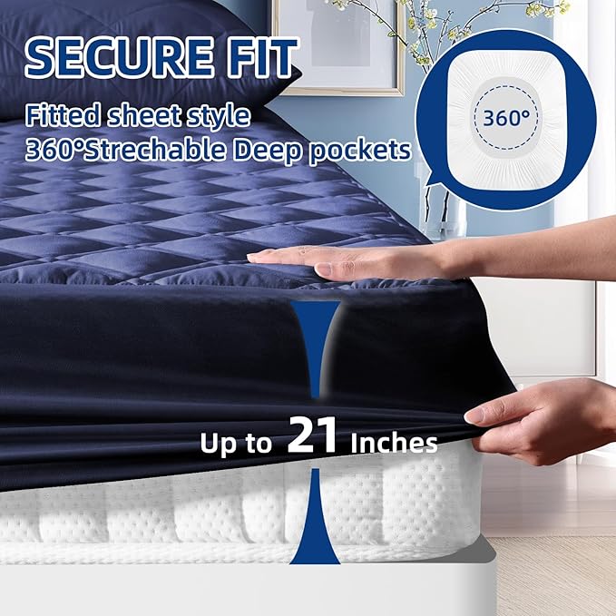Waterproof Mattress Protector Queen Size, All-fit-One Soft Noiseless Bed Mattress Cover with Deep Pocket 8-21", Washable for Bedwetting, Cool Sleep，Suitable for Home Bedroom Hotel, Blue