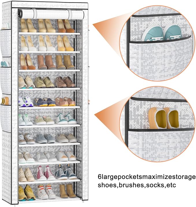 OYREL Shoes Rack 10 Tier Tall Shoe Rack with Storage Pockets, Fabric Covered Shoe Racks,Metal Shoes Rack Organizer for Closets,Bedroom, Garage - Image 5