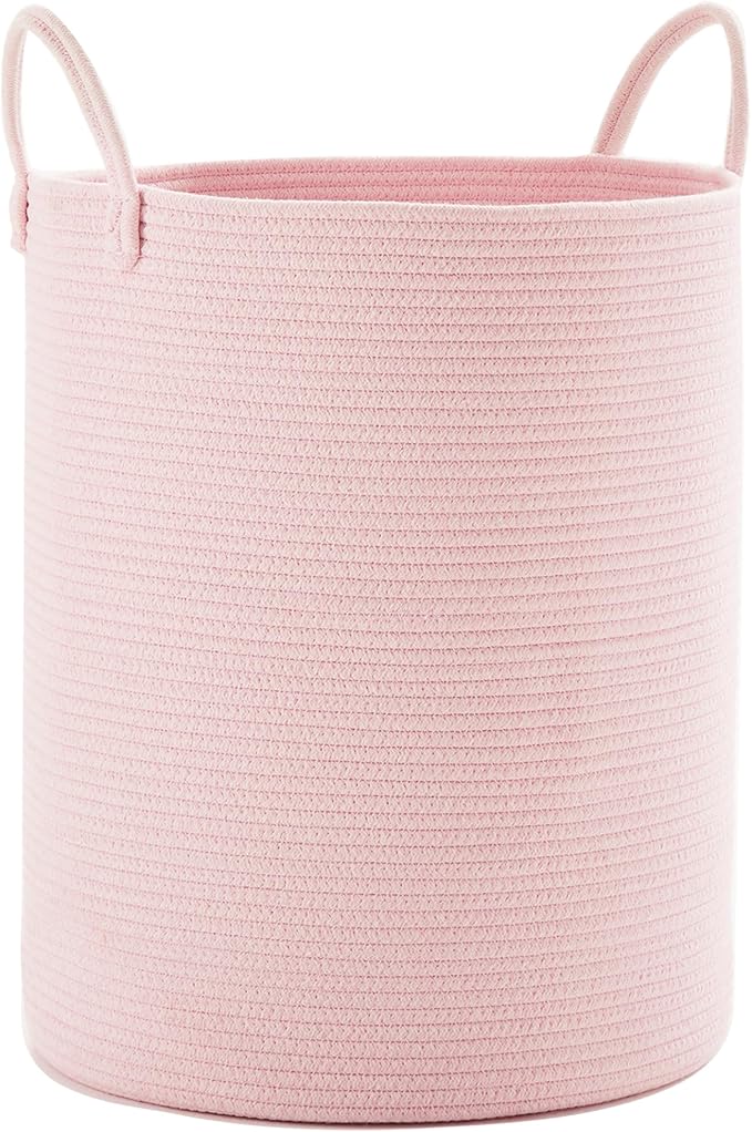 80L Extra Large Pink Hamper Laundry Basket for Baby Girls Tall Nursery Hamper for Kids Woven Rope Clothes Basket for Little Girls Room Bedroom Light Pink Kawaii 16"D x 22"H by MOJOSCEND