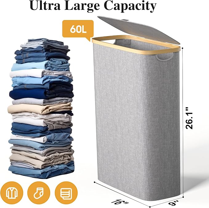 Foluck Slim Laundry Hamper, 60L Waterproof Narrow Laundry Basket with Lid and Removable Bag, Collapsible Tall Clothes Hamper with Bamboo Handles for Clothes Toys in Dorm Bedroom Bathroom, Grey - Image 2