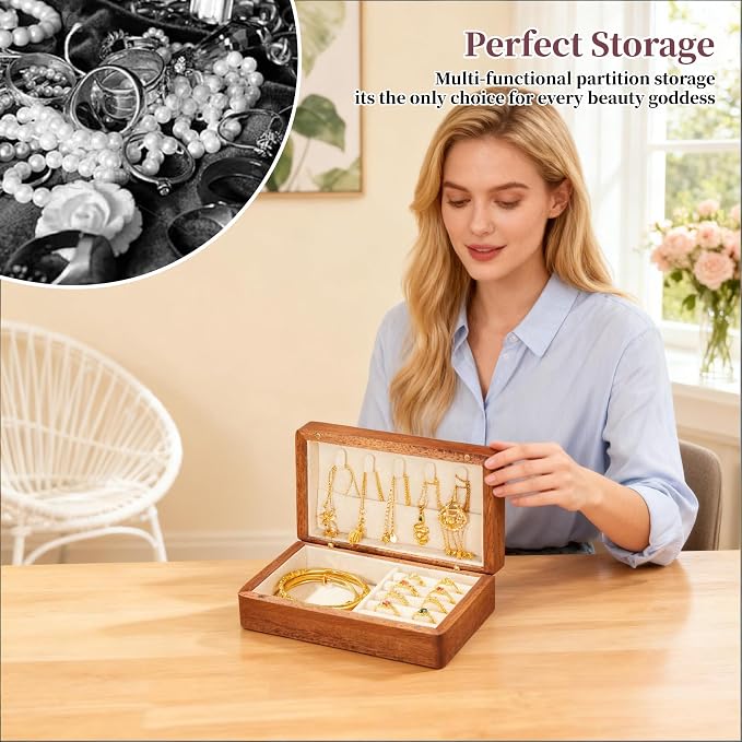 Travel Jewelry Case Small Wood Jewelry Organizer Jewelry Box for Women (Nut-Brown Print G) - Image 4