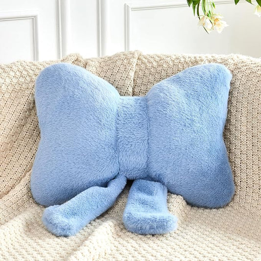 XVTRU Dusty Blue Bow Pillow, Soft Bow Decorative Pillows with Faux Rabbit Fur, Cute 16" Bow Throw Pillows, Aesthetic Home Decor Bow Shaped Plush Pillow for Bedroom Sofa Couch