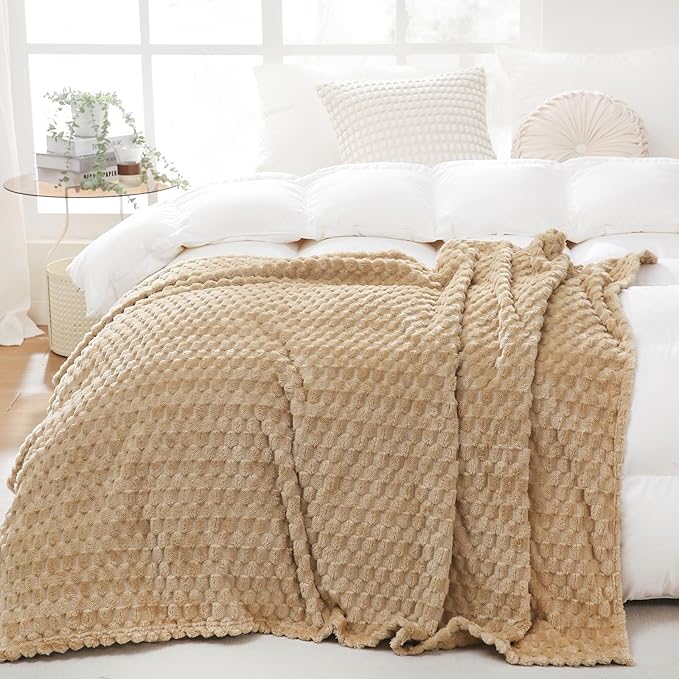 Puncuntex Beige Throw Blanket 90"×90" inches Fuzzy 3D Jacquard Decorative Flannel Fleece Super Soft Plush Cozy Blanket for Couch Sofa Chair Lightweight
