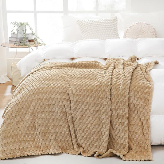 Puncuntex Beige Throw Blanket 90"×90" inches Fuzzy 3D Jacquard Decorative Flannel Fleece Super Soft Plush Cozy Blanket for Couch Sofa Chair Lightweight