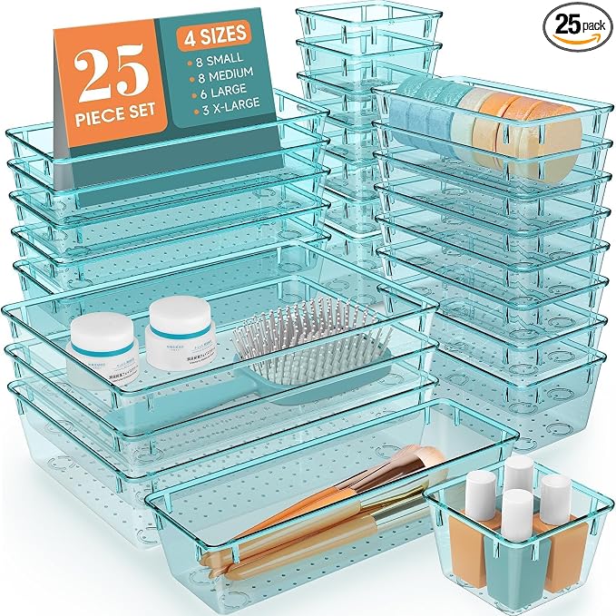 StorMiracle 25 PCS Drawer Organizer Set, 4 Varied Size Bathroom and kitchen Drawer cabinet organizer Trays, Clear Storage Bins for Makeup, Jewelry, Utensils and Gadgets by StorMiracle