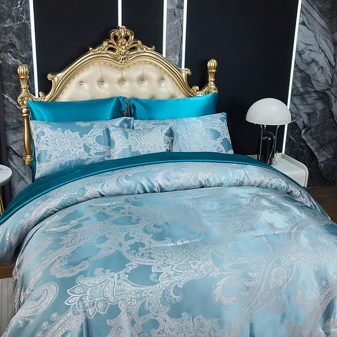 Jacquard Queen Comforter Set Peacock Green Sheet Set Satin Bedding Set 8 Pcs Embroidery Neoclassical Floral Bed Home Decor Soft Down Comforter Luxury Hotel Silky Bed in a Bag with 1 Cushion Cover