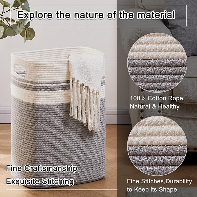 OIAHOMY Laundry Hamper, Tall Cotton Decorative Blanket Storage Basket with Handles for Living room,Collapsible Large Baskets for Toys,Pillows,Clothes Organizer-16x13x22in-Gray - Image 3