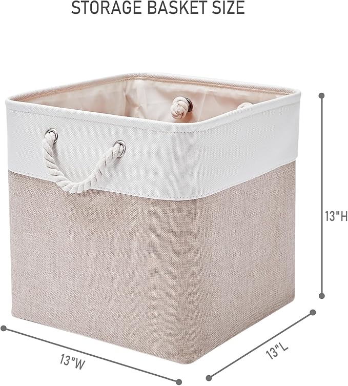 13 x 13 Inch Storage Cubes，6 Pack Cube Storage Bins for Shelves，Fabric Collapsible Storage Bins with Handles, Foldable Storage Basket for Organizing Clothes, Toys, Books (White&Beige) - Image 3