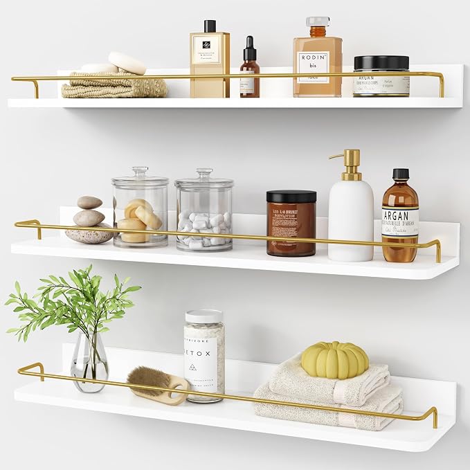 Forbena 24 Inch Bathroom Floating Shelves for Wall Set of 3, Gold Bathroom Shelves Over Toilet Wall Mounted with Rail, Decorative Hanging Shelf for Bedroom Office Living Room Decor (White and Gold) by Forbena