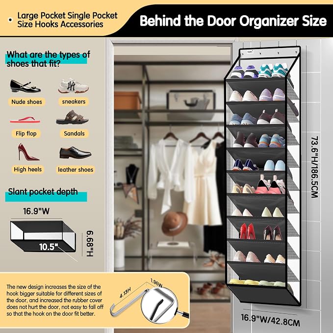 Kotkn 10 Tier Hanging Shoe Rack - Heavy Duty Behind The Door Hanging Shoe Rack, Sturdy Oxford Cloth, 20+ Pairs Over The Door Shoe Cabinet for Boots and Sneakers - Save 50% Closet Space! (Piano White) - Image 2