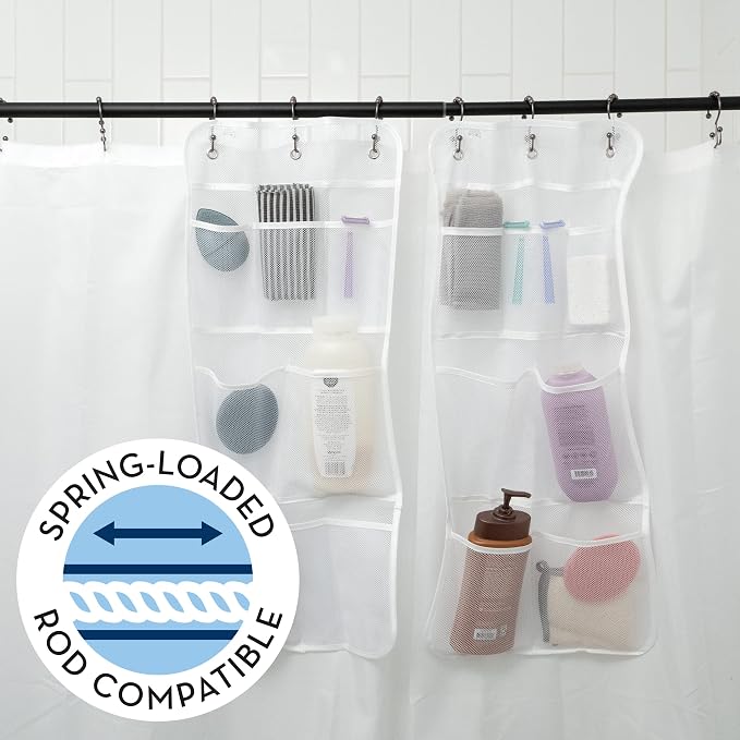S&T INC. Shower Organizer, Shower Caddy or Bathroom Organizer with Quick Drying Mesh, 7 Pockets to Hold Shampoo, Soap, Loofah, and Cruise Ship Essentials, 14 Inch by 30 Inch, White, 2 Pack - Image 5