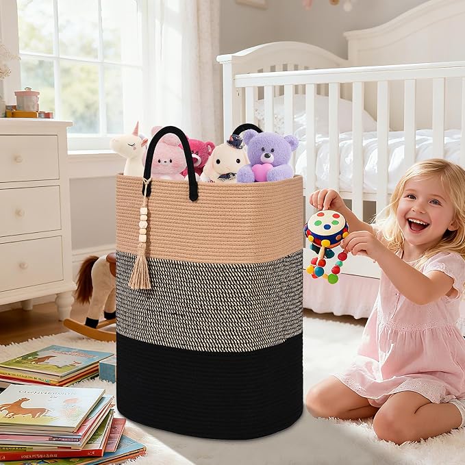 Woven Laundry Basket for Clothes, 50 L Large Rectangle Laundry Hampers with Beads Tassel, Nursery Storage Basket for Toys, Tall Dirty Clothes Hamper for Bedroom Aesthetic, Laundry Room Organization - Image 7
