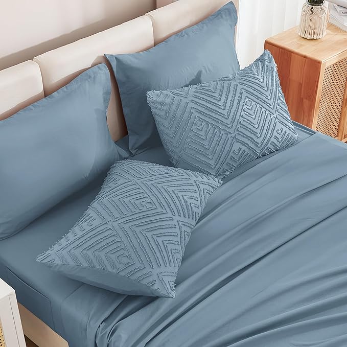 Andency Queen Size Comforter Set 7 Piece Grayish Blue - Bed in a Bag Queen Boho Lightweight Fluffy Tufted Bedding Sets with Comforter, Sheets, Pillowcases & Shams
