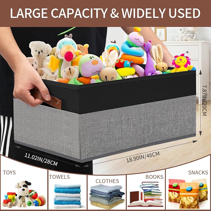 3 Pack Large Capacity Storage Bins Closet Organizer for Shelves, Fabric Closet Storage Baskets Boxes with Leather Handles for Organizing Clothes, Sheets, Jeans, Toys, Books (Black and Grey) - Image 3