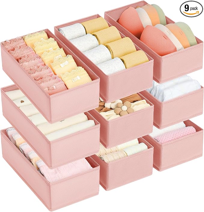 DIMJ Drawer Organizer for Clothes - Underwear, Sock, Closet, and Dresser Storage Box - Dividers for Baby Clothes, Bra, Socks, Belt, Tie - Set of 9, Pink by DiMJ