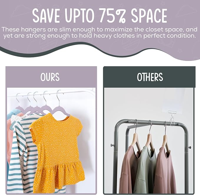 TechZoo 50 Premium Kids Velvet Hangers - 14'' Non-Slip, Ultra-Slim & Space-Saving Hangers - 360° Swivel Hook, Strong & Durable for Children & Preteens - Purple - Image 7