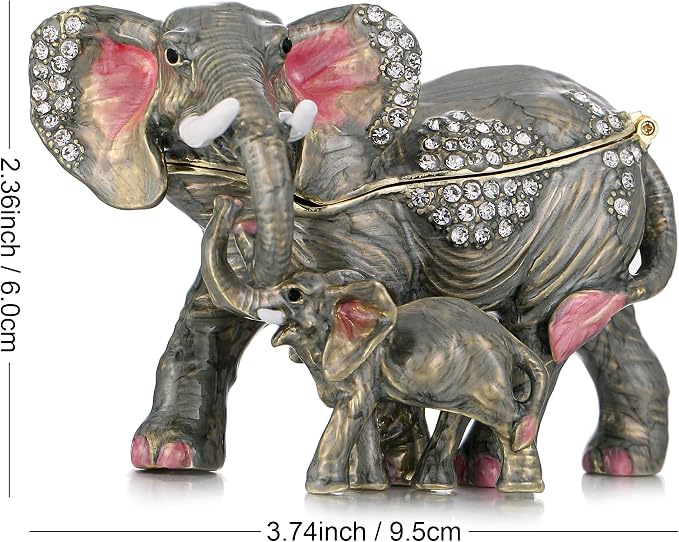 Hand Painted Animal Trinket Box for Home Decor, Hinged Jewelry Organizer Storage, Unique Personalized Collectible Keepsake Figurine Handmade Decorative Ornament Gifts (Mom & Baby Elephant) - Image 2