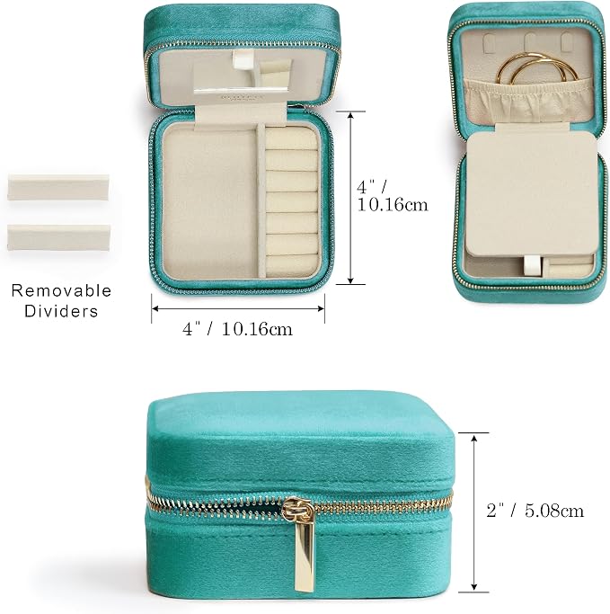 BLUTETE Travel Jewelry Box Organizer Velvet Travel Case With Mirror Ring Earrings Necklaces Storage Organizer Box (Turquoise) - Image 2