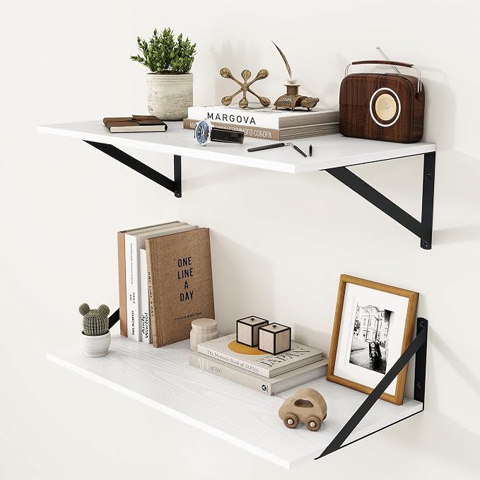 Heimlove White Deep Floating Shelves for Wall, 24W x 12D Wood Wall Shelves Set of 2, Wide Floating Bookshelf for Living Room, Kitchen, Office, Bedroom and Decor Storage, with Black Bracket - White by Heimlove