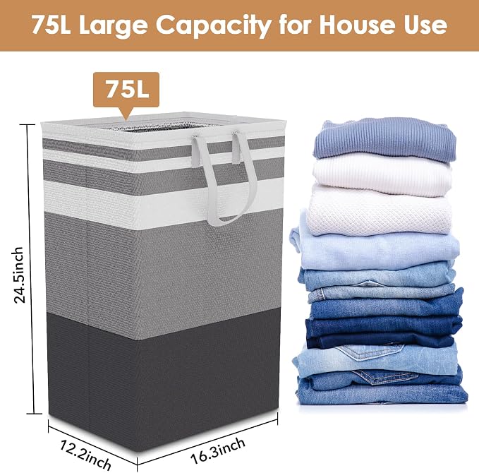 75L Large Laundry Hamper with Handles, Dirty Clothes Hamper for Bedroom Waterproof, Freestanding Tall Laundry Basket Waterproof, Hamper for Bedroom, Bathroom, Dorm, Toys Storage(Stripes, 1 × 75L) - Image 2