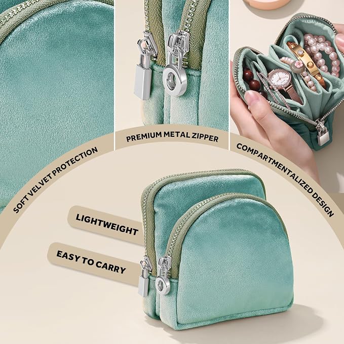 Small Travel Jewelry Case Set 2-in-1 Detachable Velvet Pouches, Portable Jewelry Organizer Bag for Rings Earrings Bracelets, Gift Box for Women (Mint Green) - Image 4