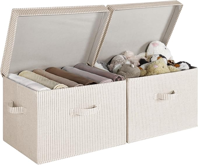 StorageWorks Fabric Storage Bins with Lid, Decorative Storage Boxes for Shelves, Stackable Closet Organizer Basket with Handles, Jumbo, Khaki and Beige Stripes, 2-Pack by StorageWorks