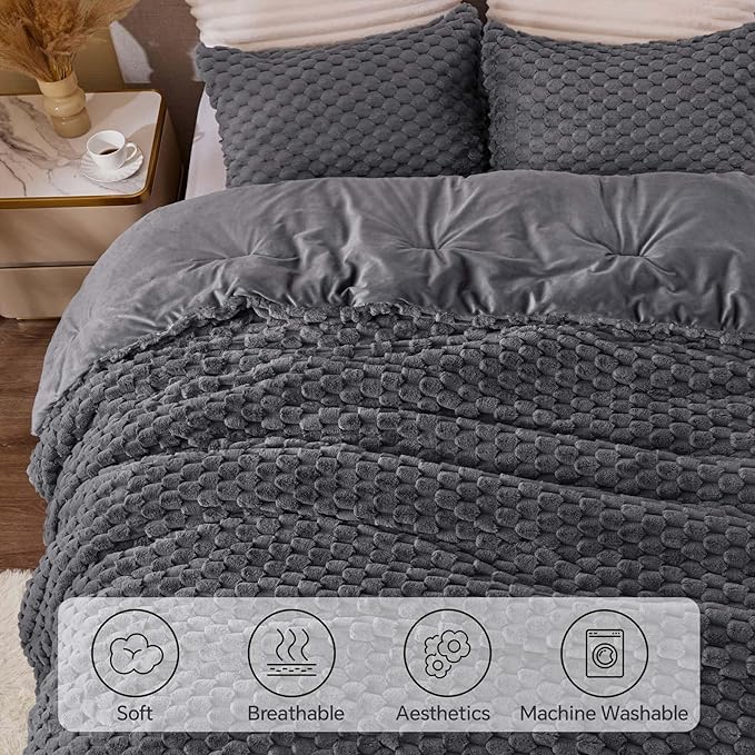 BEDELITE Fluffy Twin Comforter Set - Grey Fleece Soft Comforter for Twin Size Bed, Luxury Warm Bedding Set for Winter, Fuzzy Bed Set 2 Pieces (1 Comforter, 1 Pillowcase)