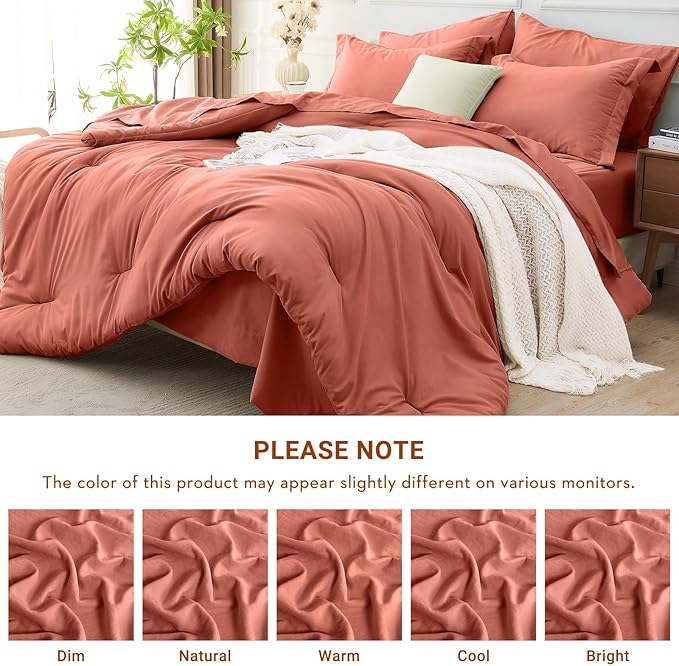 MUXHOMO 7 Pieces King Comforter Set, Soft Bed in a Bag King Size, All Season Bedding Set with Comforter, Flat Sheet, Fitted Sheet, Pillowcases & Shams, Coral Red
