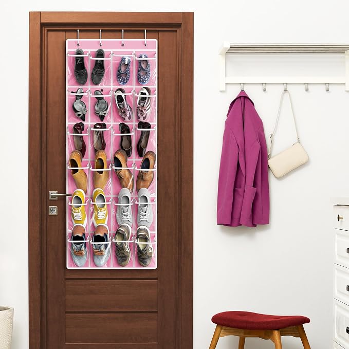 Simple Houseware 24 Pockets Large Clear Pockets Over The Door Hanging Shoe Organizer, Pink (56" x 22.5") - Image 6