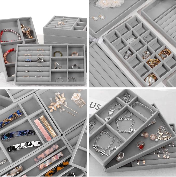12Pcs Velvet Stackable Jewelry Trays, Jewelry Drawer Organizer, Large Removable Display Jewelry Tray, Necklace Bracelet Storage Box for Earring, Ring, Brooch, Watch (Grey) - Image 7