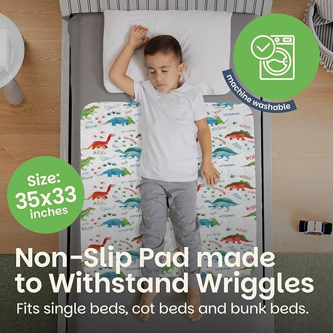 Lynmark® 2x Potty Training Mattress Protector Pee Pad for Kids - Waterproof Toddler Bed Wetting Mat for Toilet Training - Non-Slip Washable Bedwetting Topper Absorbs Up to 2000ml - 35" x 33", Dinosaur