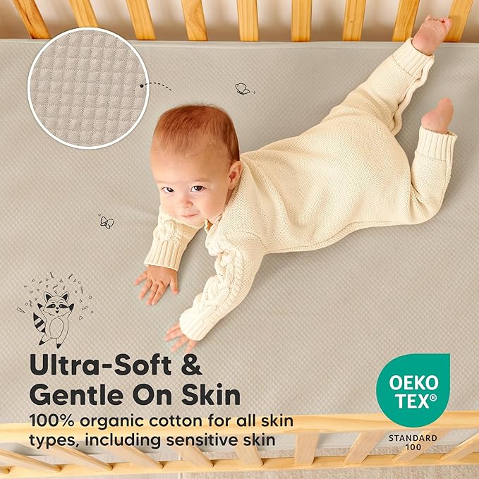 2-Pack Waterproof Crib Mattress Protector Cover Fitted - Quiet Baby Crib Mattress Pad Sheets, 52" x 28" Soft Quilted Cotton Baby Sheet, Machine Washable, Easy Fit, Durable (Ecru/Quin)
