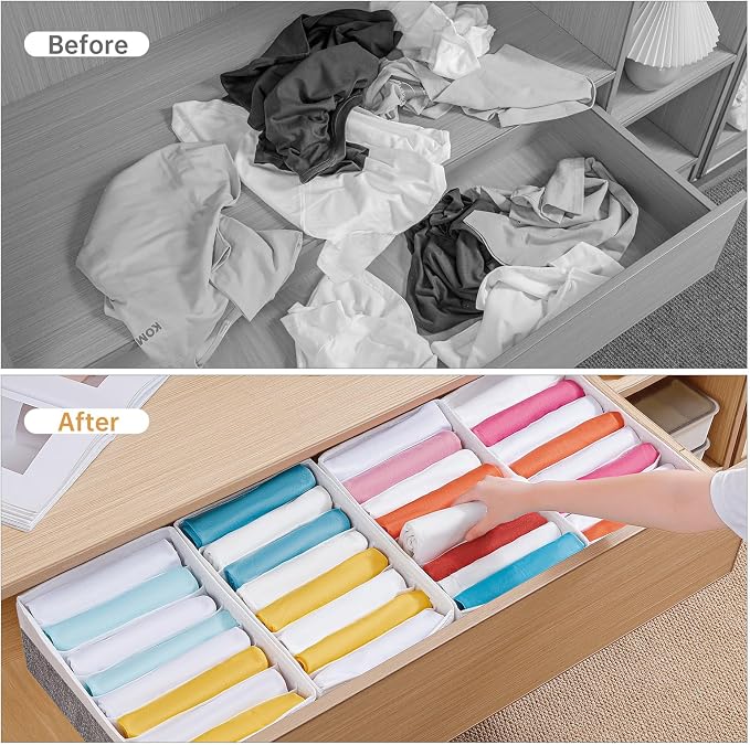 4 Packs T-shirt Drawer Organizers for Clothing,8 Grids Compartment Wardrobe Storage Box, Washable Clothes Organizer for Legging,Silk Scarve-12.59''x9.05''x5.9-GreyWhite - Image 3