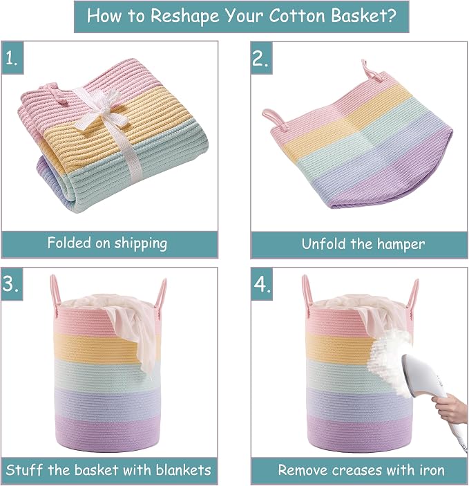 15Dx20H inches Large Baby Girls Kids Hamper Rainbow Laundry Basket for Nursery Clothes Pastel Unicorn Woven Hamper Tall Blanket Basket in Playroom Bedroom 62L - Image 6