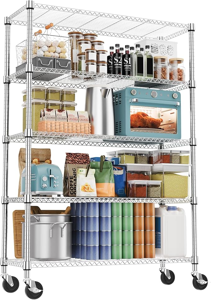 M MZG 1750LBS 47.2" W 5 Tiers Storage Shelves Metal Shelving Unit with Wheels Heavy Duty Garage Shelving Adjustable Wire Shelves for Pantry,Kitchen,Garage,Basement,Chrome 17.7" D x 47.2" W x 76.8" H by MEIGAOPLASTICANDMETALHKCOLIMITED