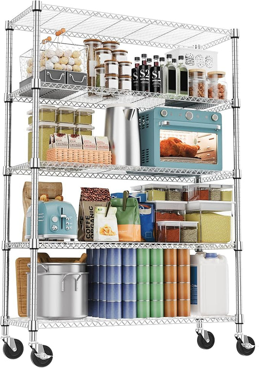 M MZG 1750LBS 47.2" W 5 Tiers Storage Shelves Metal Shelving Unit with Wheels Heavy Duty Garage Shelving Adjustable Wire Shelves for Pantry,Kitchen,Garage,Basement,Chrome 17.7" D x 47.2" W x 76.8" H by MEIGAOPLASTICANDMETALHKCOLIMITED