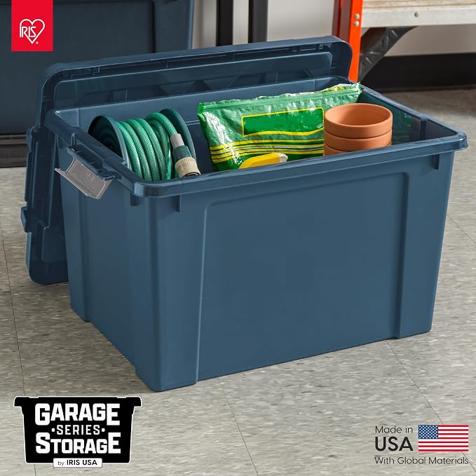 IRIS USA 20 Gallon Eco-Friendly Lockable Storage Bins with Lids, 4 Pack - Made in USA, Heavy Duty, Stackable Containers, Garage Organizing Bins Moving Tubs, Rugged Sturdy Equipment Utility Box - Navy - Image 6